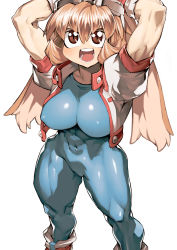 Rule 34 | 1girl, animal ears, arms up, bodysuit, breasts, brown eyes, brown hair, rabbit ears, commentary, commentary request, covered navel, covered erect nipples, highres, large breasts, leotard, looking up, makihara arina, short hair, simple background, skin tight, solo, thick thighs, thighs, toned, waku waku 7, white background, ysk!