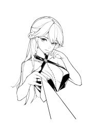 Rule 34 | 1girl, absurdres, bare shoulders, braid, breasts, chinese commentary, collarbone, commentary request, dress, earrings, french braid, girls&#039; frontline, greyscale, gu da yu, halter dress, halterneck, hand on own cheek, hand on own face, highres, jewelry, jojo no kimyou na bouken, killer queen, kira yoshikage, long hair, looking at viewer, medium breasts, monochrome, necktie, necktie grab, neckwear grab, official alternate costume, open mouth, ots-14 (girls&#039; frontline), ots-14 (ruler of the banquet) (girls&#039; frontline), parted lips, ring, solo, upper body, white background