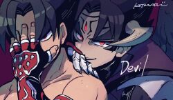 Rule 34 | 2boys, black hair, black wings, character name, commentary, covering face, devil jin, dual persona, fingerless gloves, forehead jewel, gloves, grey horns, hand on another&#039;s neck, horns, kazama jin, kotorai, looking at viewer, male focus, multiple boys, parted lips, red eyes, red gloves, short hair, signature, studded gloves, symbol-only commentary, tekken, wings