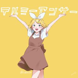 Rule 34 | 1girl, adochansukisuki, arms up, blonde hair, blush, brown dress, commentary, dated, dress, green eyes, hair ornament, hair ribbon, highres, kagamine rin, looking at viewer, open mouth, pinafore dress, ribbon, shirt, short hair, short sleeves, simple background, sleeveless, sleeveless dress, solo, teeth, tell me answer (vocaloid), translated, twitter username, upper teeth only, vocaloid, white ribbon, white shirt, yellow background