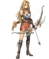 Rule 34 | 1girl, amiba (nerdamiba), armor, arrow (projectile), bare shoulders, belt, black thighhighs, blonde hair, blue eyes, boots, bow (weapon), breastplate, breasts, bridal gauntlets, brigid (fire emblem), cleavage, closed mouth, commentary request, dress, elbow pads, fingerless gloves, fire emblem, fire emblem: genealogy of the holy war, full body, gloves, headband, highres, holding, holding bow (weapon), holding weapon, jewelry, knee boots, lips, long hair, looking at viewer, low-tied long hair, medium breasts, multiple belts, necklace, nintendo, shiny clothes, short dress, shoulder armor, single thighhigh, solo, standing, thighhighs, transparent background, weapon