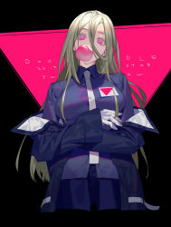 Rule 34 | 1girl, black background, black coat, blonde hair, bright pupils, blowing bubbles, chewing gum, coat, collared shirt, dated, english text, gloves, hair between eyes, head tilt, long hair, looking at viewer, necktie, off shoulder, original, pink eyes, purple shirt, shirt, solo, white gloves, white necktie, wing collar, yamakawa