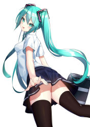 Rule 34 | 1girl, :p, aqua eyes, aqua hair, arms at sides, bag, bare arms, black skirt, black thighhighs, breasts, collared shirt, feet out of frame, fingernails, from below, from side, hair ornament, hatsune miku, head tilt, holding, holding bag, long hair, looking at viewer, looking down, looking to the side, making-of available, miniskirt, school bag, school uniform, shirt, short sleeves, sidelocks, simple background, skirt, smile, solo, tasuku (user fkzv3343), thighhighs, tongue, tongue out, twintails, upskirt, very long hair, vocaloid, walking, white background, white shirt