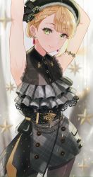 Rule 34 | 1girl, armlet, armpits, arms up, bare shoulders, beret, black dress, black hat, blonde hair, blush, braid, breasts, cleavage, closed mouth, dress, earrings, green eyes, hat, highres, idolmaster, idolmaster cinderella girls, jewelry, lips, looking at viewer, miyamoto frederica, pantyhose, plaid, plaid dress, sakamuke, see-through, see-through cleavage, short hair, single braid, sleeveless, sleeveless dress, smile, solo, standing