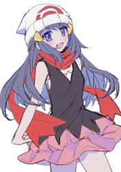 1girl absurdres bare_arms bare_shoulders beanie black_shirt blue_pupils camisole colored_inner_hair cowboy_shot creatures_(company) dawn_(pokemon) eyelashes frilled_skirt frills game_freak hair_ornament hairclip happy hat highres light_blush long_hair looking_at_viewer miniskirt multicolored_hair nintendo open_mouth pink_skirt pleated_skirt pokemon pokemon_dppt purple_eyes purple_hair red_scarf scarf shirt shocho_(shaojiujiu) simple_background skirt sleeveless sleeveless_shirt smile solo standing thighs v-neck very_long_hair white_background white_camisole white_hat