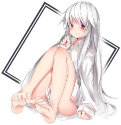 Rule 34 | 1girl, absurdres, barefoot, censored, convenient censoring, feet, highres, long hair, naked shirt, original, otokuyou, red eyes, shirt, silver hair, sitting, smile, solo, toe scrunch, toes