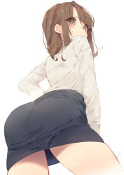 Rule 34 | 1girl, ass, bad id, bad pixiv id, black skirt, blush, brown eyes, brown hair, commentary request, cowboy shot, embarrassed, eyes visible through hair, from behind, from below, hand on own hip, koyubita, long hair, long sleeves, looking at viewer, looking back, original, pencil skirt, shirt, signature, simple background, skindentation, skirt, solo, sweat, upskirt, white background, white shirt