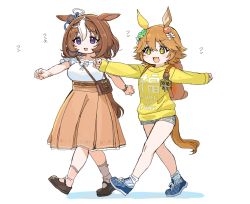 Rule 34 | + +, 2girls, :d, @ @, animal ears, backpack, bag, beige skirt, belt, brown hair, casual, character request, clothes writing, commentary request, ema, full body, hair between eyes, hair ornament, high-waist skirt, highres, horse ears, horse girl, horse tail, light brown hair, long sleeves, matikanefukukitaru (umamusume), meisho doto (umamusume), multicolored hair, multiple girls, open mouth, outstretched arms, purple eyes, shirt, short hair, short shorts, shorts, simple background, skirt, sleeves past wrists, smile, spawnfoxy, tail, two-tone hair, umamusume, walking, watch, white background, white hair, white shirt, wristwatch, yellow eyes