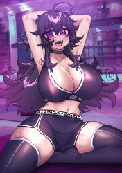 Rule 34 | 1girl, absurdres, ahoge, armpits, arms behind head, black shorts, black tank top, black thighhighs, blush, breasts, cleavage, curvy, exercising, eyebrows, fangs, highres, huge breasts, long hair, looking at viewer, nyarla (osiimi), open mouth, original, osiimi, purple background, purple eyes, purple hair, shorts, smile, solo, sports bra, stretching, tank top, teeth, thick thighs, thighhighs, thighs