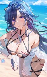 Rule 34 | 1girl, :o, beach, bikini, blue hair, blue sky, blurry, blurry background, breasts, cleavage, clorinde (genshin impact), cloud, collarbone, day, earrings, eyewear on head, genshin impact, hand up, highres, jewelry, large breasts, ocean, off shoulder, omelet tomato, open mouth, outdoors, purple eyes, shirt, sky, solo, sunglasses, swimsuit, wet, white shirt