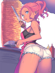 Rule 34 | 1girl, apron, ass, back, bare shoulders, blue eyes, bottle, breasts, cooking, cowboy shot, cutoffs, dark skin, dark-skinned female, denim, denim shorts, enkyo yuuichirou, food, food stand, from behind, grill, headwear writing, highres, holding, kebab, ketchup, knife, lipstick, looking at viewer, looking back, makeup, meat, medium breasts, mustard, open mouth, original, pink lips, pocket, ponytail, red hair, rotisserie, short shorts, shorts, sideboob, solo, standing, sweat, tank top, thighs, tongue, tongue out, vertical rotisserie, white background, white shorts