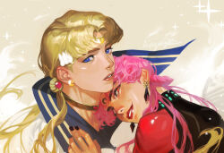 Rule 34 | 2boys, an kyoung, bishoujo senshi sailor moon, bishoujo senshi sailor moon r, black lady (sailor moon), black nails, blonde hair, blue eyes, commentary, earrings, english commentary, genderswap, genderswap (ftm), grey background, highres, jewelry, lipstick, long hair, looking at viewer, makeup, male focus, multiple boys, parted lips, pink hair, red lips, sailor moon, signature, sparkle, twintails