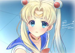 Rule 34 | 1girl, artist name, bishoujo senshi sailor moon, blonde hair, blue eyes, blush, bow, choker, collarbone, commentary request, crescent, crescent earrings, crescent moon, derivative work, earrings, hair between eyes, hair ornament, highres, jewelry, kayura yuka, long hair, looking at viewer, meme, moon, open mouth, red bow, red choker, sailor collar, sailor moon, sailor moon redraw challenge (meme), short sleeves, signature, solo, tiara, twintails