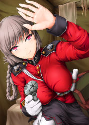 Rule 34 | 1girl, aiming, aiming at viewer, belt, belt pouch, between breasts, bol (liliymimi), braid, braided hair rings, breasts, closed mouth, dutch angle, epaulettes, eyebrows, eyelashes, fate/grand order, fate (series), finger on trigger, fingernails, florence nightingale (fate), gloves, unworn gloves, grey eyes, gun, hair rings, highres, holding, holding clothes, holding gloves, holding gun, holding weapon, indoors, large breasts, long fingernails, long hair, long sleeves, looking at viewer, mandarin collar, military, military uniform, palms, pantyhose, pocket, pouch, red eyes, single braid, single glove, skirt, solo, string, towel, uniform, weapon, white gloves, white pantyhose
