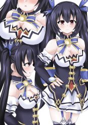 Rule 34 | bare shoulders, black hair, blush, boots, breasts, cleavage, dress, flustered, frown, gloves, highres, leggings, long hair, matrixjudge, medium breasts, neptune (series), noire (neptunia), open mouth, red eyes, ribbon, thighs, tsundere, twintails