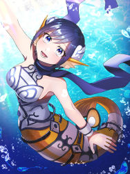 Rule 34 | 1girl, :d, air bubble, arm up, armor, armpits, bare shoulders, black hair, blue eyes, blue scarf, breasts, bubble, commentary, duel monster, fins, head fins, highres, kneeless mermaid, large breasts, looking up, mermaid, mermail abyssgunde, monster girl, open mouth, pinyata (pinyaland), scarf, sidelocks, smile, solo, teeth, twisted torso, underwater, upper teeth only, wrist cuffs, yu-gi-oh!
