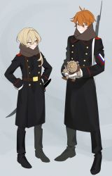 Rule 34 | 1boy, 1girl, abbystea, bayonet, black footwear, blonde hair, boots, genshin impact, hand on own hip, height difference, history, holding, light smile, looking at another, lumine (genshin impact), military, military uniform, red headwear, russia, russian army, russian clothes, saber (weapon), scarf, smile, sword, tartaglia (genshin impact), uniform, weapon, white army, winter clothes, winter uniform