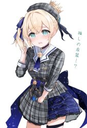 Rule 34 | 1girl, @ @, absurdres, blonde hair, blue bow, blue necktie, blue ribbon, bow, choker, commentary request, cosplay, dress, green eyes, grey dress, grey headwear, highres, holding, holding microphone, hololive, hoshimachi suisei, hoshimachi suisei (1st costume), hoshimachi suisei (cosplay), kazama iroha, koto k k, medium hair, microphone, necktie, open mouth, plaid, plaid dress, plaid headwear, ribbon, side ponytail, solo, virtual youtuber