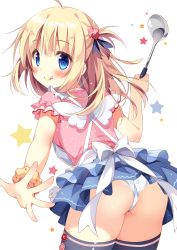Rule 34 | 1girl, :q, ahoge, angel wings, apron, ass, black thighhighs, blonde hair, blue eyes, blue skirt, blush, commentary request, cowboy shot, from behind, hair ornament, heart, heart hair ornament, ladle, layered skirt, looking at viewer, looking back, original, pan (mimi), panties, pink shirt, polka dot, scrunchie, shirt, skirt, smile, solo, star (symbol), star print, thighhighs, tongue, tongue out, two side up, underwear, white panties, wings, wrist scrunchie