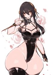 Rule 34 | 1girl, bare arms, bare hips, black gloves, black hair, black leotard, black thighhighs, blood, blush, breasts, cleavage, dagger, fingerless gloves, gloves, gluteal fold, hair bun, hairband, highres, knife, large breasts, leotard, looking at viewer, red eyes, sidelocks, spy x family, thick thighs, thighhighs, thighs, usa37107692, weapon, wide sleeves, yor briar
