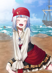 Rule 34 | 2girls, ^ ^, aboreen, alternate costume, bandana, blue hair, blunt bangs, blush, boat, closed eyes, cloud, collarbone, collared shirt, eyebrows hidden by hair, flat chest, gawr gura, hat, hololive, hololive english, houshou marine, looking at viewer, lunging, multicolored hair, multiple girls, ocean, open mouth, pirate, pirate hat, sharp teeth, shirt, shirt tucked in, silver hair, sky, streaked hair, teeth, virtual youtuber, watercraft, waves, white shirt