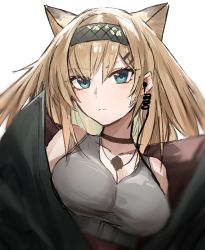Rule 34 | 1girl, animal ears, arknights, bare shoulders, black choker, black coat, black hairband, blonde hair, blue eyes, blush, breasts, choker, cleavage, closed mouth, coat, collarbone, ear piercing, extra ears, grey shirt, hairband, highres, horn/wood, horn (arknights), large breasts, long hair, looking at viewer, off shoulder, open clothes, open coat, piercing, shirt, simple background, smile, solo, underbust, upper body, white background, wolf ears