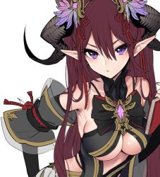 Rule 34 | 1girl, bad id, bad twitter id, bare shoulders, blush, breasts, closed mouth, commentary request, copyright request, detached sleeves, flower, gem, hair between eyes, hair flower, hair ornament, horns, large breasts, long hair, looking at viewer, maruchi, pointy ears, red hair, simple background, solo, underboob, upper body, very long hair, white background
