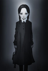 Rule 34 | 1girl, absurdres, addams family, animification, braid, doll, dress, expressionless, grey background, greyscale, hair behind ear, highres, holding, holding doll, inata wataru, looking at viewer, medium hair, monochrome, solo, twin braids, wednesday addams
