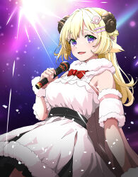 Rule 34 | 1girl, absurdres, animal ears, arms at sides, bare shoulders, black skirt, blonde hair, bracer, braid, breasts, detached sleeves, dress, empire waist, fur-trimmed dress, fur-trimmed sleeves, fur trim, hair ornament, hairclip, half updo, highres, holding, holding microphone, hololive, horns, isakoro (hx9cj), large breasts, long hair, looking at viewer, microphone, miniskirt, music, open mouth, purple eyes, sheep ears, sheep girl, sheep horns, short dress, singing, skirt, skirt under dress, sleeveless, sleeveless dress, solo, tsunomaki watame, tsunomaki watame (1st costume), underbust, virtual youtuber, white dress
