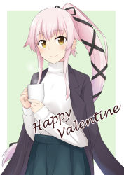 Rule 34 | 1girl, akahi242, black jacket, black ribbon, blue skirt, blush, brown eyes, closed mouth, commentary request, cowboy shot, cup, hair ribbon, happy valentine, holding, holding cup, jacket, jacket on shoulders, kantai collection, long hair, looking at viewer, mug, ponytail, ribbon, shirt, sidelocks, skirt, sleeves past wrists, smile, solo, steam, very long hair, white shirt, yura (kancolle)