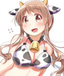 Rule 34 | 1girl, :d, animal ears, animal print, bare arms, bare shoulders, bell, bikini, black collar, blush, breasts, brown eyes, brown hair, chinese zodiac, cleavage, collar, commentary request, cow ears, cow horns, cow print, cowbell, fake animal ears, fake horns, floating hair, flying sweatdrops, happy, horns, large breasts, long hair, looking at viewer, matsumoto yoriko, neck bell, open mouth, print bikini, simple background, smile, solo, swimsuit, tatsunokosso, thick eyebrows, upper body, white background, year of the ox, yuyushiki