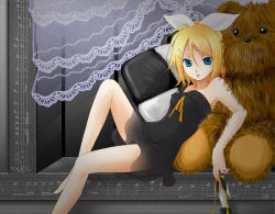 Rule 34 | 1girl, bad id, bad pixiv id, bare shoulders, barefoot, blonde hair, blue eyes, dress, hair ornament, hair ribbon, hairclip, holding, holding shoes, im, im (i-pic), itsuku (i-pic), kagamine rin, navel, nightgown, reclining, ribbon, see-through, shoe dangle, shoes, short dress, sitting, solo, stuffed animal, stuffed toy, vocaloid