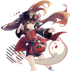 Rule 34 | 1girl, :d, belt, black shorts, brown hair, chinese clothes, commentary request, flower, genshin impact, ghost, ghost pose, hair between eyes, hat, hat flower, hat ornament, highres, hu tao (genshin impact), hu tao (sweets paradise) (genshin impact), kneehighs, long hair, long sleeves, looking at viewer, mizutama (32mz k), official alternate costume, open mouth, orange eyes, shorts, sidelocks, simple background, smile, socks, solo, symbol-shaped pupils, twintails, v-shaped eyebrows, vision (genshin impact), white background, white socks, wide sleeves