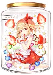Rule 34 | 1girl, adapted costume, air bubble, apron, barefoot, blonde hair, bubble, character name, commentary request, crystal, dress, eating, flandre scarlet, flower, food, fruit, full body, hair ribbon, heart, holding, holding food, holding fruit, in container, jar, looking at viewer, medium hair, mimi (mimi puru), nail polish, neck ribbon, no headwear, no headwear, one side up, red dress, red eyes, red nails, red ribbon, ribbon, simple background, sitting, sleeveless, sleeveless dress, solo, strawberry, strawberry blossoms, submerged, toenail polish, toenails, touhou, water, white background, wings, wrist cuffs
