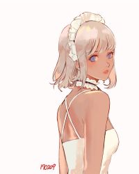 Rule 34 | 1girl, arms at sides, artist name, bare shoulders, black ribbon, blue eyes, breasts, choker, dress, earrings, eyelashes, frilled choker, frills, from side, grey hair, highres, jewelry, looking at viewer, maid headdress, neck ribbon, nose, parted lips, pink lips, ribbon, short hair, simple background, sleeveless, sleeveless dress, small breasts, solo, stud earrings, takssmask, upper body, white background, white choker, white dress, white hair
