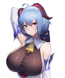 Rule 34 | 1girl, absurdres, ahoge, alternate breast size, bare shoulders, bell, blue hair, blush, bodystocking, breasts, cowbell, detached collar, detached sleeves, ganyu (genshin impact), genshin impact, highres, horns, large breasts, long hair, long sleeves, looking at viewer, low ponytail, neck bell, purple eyes, ribbon, sidelocks, solo, taut bodystocking, taut clothes, upper body, white sleeves, youyouyoupai