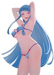 Rule 34 | 1girl, :d, armpits, arms up, bare shoulders, bikini, blue bikini, blue hair, blunt bangs, bow, bow bra, bow panties, bra, breasts, commentary, cowboy shot, dancing, drid, highres, large breasts, long hair, looking at viewer, me!me!me!, me!me!me! dance (meme), meme, meme (me!me!me!), navel, open mouth, panties, purple eyes, simple background, smile, solo, standing, stomach, striped bikini, striped clothes, swimsuit, thighs, underwear, underwear only, very long hair, white background