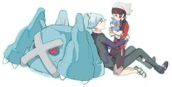 Rule 34 | 2boys, :d, beanie, blush, brendan (pokemon), brown hair, character doll, closed eyes, commentary request, creatures (company), game freak, gen 3 pokemon, grey hair, hat, highres, holding, holding pokemon, huan li, jacket, jewelry, long sleeves, looking at another, male focus, metagross, multiple boys, nintendo, open mouth, pants, pokemon, pokemon (creature), pokemon oras, red jacket, ring, shoes, short hair, sitting, smile, steven stone, stitches, white headwear