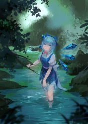 Rule 34 | 1girl, absurdres, blue dress, blue eyes, blue hair, bow, cirno, dress, forest, hair bow, highres, ice, ice wings, kamachi kamachi-ko, looking at viewer, matching hair/eyes, nature, puffy short sleeves, puffy sleeves, rain, river, sash, shirt, short sleeves, solo, touhou, wading, water, wet, wet clothes, wings