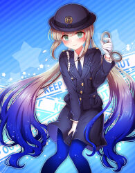 Rule 34 | 1boy, blue hair, blue necktie, blue pantyhose, blue skirt, captain nemo (fate), collared shirt, commission, crossdressing, cuffs, fate/grand order, fate (series), female service cap, gloves, gradient hair, green eyes, handcuffs, hat, highres, holding, holding handcuffs, light brown hair, long hair, long sleeves, male focus, medium skirt, multicolored hair, necktie, nemo (fate), pantyhose, pixiv commission, police, police hat, police uniform, policeman, shell ocean, shirt, skirt, solo, trap, twintails, uniform, very long hair, white gloves, white shirt