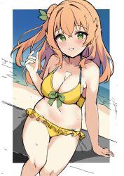 Rule 34 | 1girl, arm at side, bare arms, beach, bikini, blush, border, bow, bow bikini, breasts, cleavage, collarbone, commentary, crossed bangs, curvy, day, dutch angle, feet out of frame, floating hair, frilled bikini, frills, green bow, green eyes, grin, hair between eyes, hair bun, hair ornament, halterneck, hand up, highres, hinatsuki mikan, large breasts, leaf hair ornament, long hair, looking at viewer, machikado mazoku, navel, nokia hiyou, one side up, orange hair, outdoors, sidelocks, single side bun, sitting, sketch, skindentation, smile, solo, swimsuit, symbol-only commentary, thighs, white border, yellow bikini