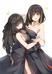 Rule 34 | 2girls, :d, absurdres, alternate costume, armpits, asymmetrical docking, bad id, bad twitter id, black dress, black hair, black ribbon, blonde hair, blush, braid, breast press, breasts, brown eyes, brown hair, bullet, cleavage, collarbone, couple, dancing, dress, eyepatch, female focus, formal, from above, girls&#039; frontline, green hair, hair between eyes, hair over shoulder, hair ribbon, halter dress, halterneck, hansal, happy, heart, highres, holding hands, jewelry, large breasts, long dress, long hair, looking at another, looking at viewer, looking back, m16a1 (girls&#039; frontline), m4a1 (girls&#039; frontline), medium breasts, mole, mole under eye, multicolored hair, multiple girls, necklace, open mouth, ribbon, scar, see-through, side slit, sidelocks, simple background, single braid, smile, standing, strapless, strapless dress, streaked hair, white background, yuri