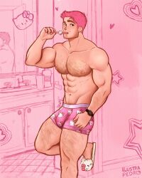 Rule 34 | 1boy, abs, against wall, bara, bathroom, beard stubble, biceps, blue eyes, boxers, brushing teeth, bulge, cat slippers, character ear piercing, character print, character tooth brush, facial hair, feet out of frame, freckles, hairy, heart, hello kitty, hello kitty print, highres, huge eyebrows, ilustrapedr.o, large pectorals, leg up, looking at viewer, male focus, male underwear, mature male, merchandise, mirror, muscular, muscular male, mustache stubble, navel, navel hair, nipples, original, pectorals, pink background, pink hair, pink male underwear, pink theme, print male underwear, sanrio, sketch background, solo, sparse arm hair, sparse leg hair, sparse navel hair, standing, stomach, stubble, thick chest hair, thick thighs, thighs, toothbrush in mouth, topless male, underwear