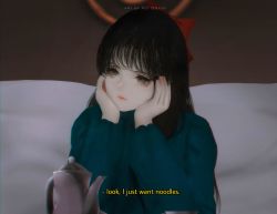 Rule 34 | 1girl, aoi ogata, artist name, black hair, black nails, blue shirt, blurry, blurry background, bow, brown eyes, closed mouth, coffee pot, commentary, cup, depth of field, english text, hair bow, hands up, head in hand, head rest, highres, long hair, long sleeves, looking away, looking to the side, nail polish, original, red bow, revision, shirt, solo, upper body