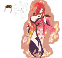 Rule 34 | 1girl, astaroth (taimanin asagi), bare legs, bare shoulders, breasts, character sheet, cleavage, curvy, dress, female focus, fire, full body, huge breasts, japanese clothes, kimono, lilith-soft, long hair, looking at viewer, naughty face, no bra, potion (moudamepo), red hair, shiny skin, sideboob, smile, solo, standing, taimanin (series), taimanin asagi, taimanin asagi kessen arena, tattoo, very long hair, yellow eyes
