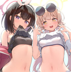 Rule 34 | 2girls, :d, bare shoulders, bikini, bikini top lift, black choker, blonde hair, blue archive, blush, bow hairband, breasts, brown hair, choker, clothes lift, eyewear on head, frilled bikini, frills, hairband, halo, hands up, hifumi (blue archive), hifumi (swimsuit) (blue archive), lifted by self, long hair, looking at viewer, mashiro (blue archive), mashiro (swimsuit) (blue archive), medium hair, mouth hold, multiple girls, navel, off shoulder, open mouth, purple eyes, short sleeves, simple background, small breasts, smile, stomach, sunglasses, swimsuit, twintails, upper body, ushimittsu, white background, white bikini, winged halo, yellow eyes