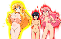 Rule 34 | 00s, 3girls, absurdres, angry, black hair, blonde hair, blue eyes, blunt bangs, blush, braid, breast envy, breast hold, breasts, cleft of venus, elf, fire, flat chest, grabbing, grabbing another&#039;s breast, hair censor, hair over breasts, highres, hiyamizu yukie, large breasts, long hair, louise francoise le blanc de la valliere, multiple girls, nipples, nude, nude filter, open mouth, pink eyes, pink hair, pointy ears, pussy, short hair, siesta (zero no tsukaima), standing, third-party edit, tiffania westwood, twin braids, uncensored, very long hair, wavy hair, zero no tsukaima