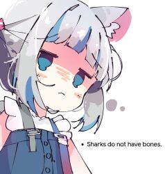 Rule 34 | 1girl, animal ear fluff, animal ears, blue eyes, blue hair, blunt bangs, blush, buttons, cat ears, closed mouth, commentary, empty eyes, english commentary, english text, flying sweatdrops, frilled sleeves, frills, gawr gura, gawr gura (casual), grey hair, highres, hololive, hololive english, jitome, kemonomimi mode, koyoinacho, looking at viewer, medium hair, multicolored hair, official alternate costume, one side up, open mouth, sad, shaded face, shark girl, shirt, short sleeves, sidelocks, simple background, solo, streaked hair, suspenders, teardrop, upper body, virtual youtuber, white background, white shirt