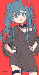 Rule 34 | 1girl, 3774., artist name, belt, belt collar, black collar, black nails, blue eyes, blue hair, bow, brown shirt, collar, collarbone, cowboy shot, fang, hair bow, hands on own hips, hatsune miku, highres, long hair, looking at viewer, naked shirt, off shoulder, open mouth, red background, red bow, shirt, simple background, skin fang, solo, thigh belt, thigh strap, twintails, vocaloid, wide sleeves