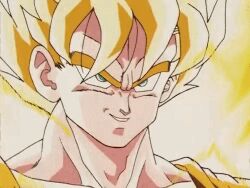 Rule 34 | animated, animated gif, aura, blonde hair, dragon ball, energy, green eyes, impact frame, lowres, muscular, muscular male, powering up, serious, smirk, son goku, spiked hair, super saiyan, tagme, transformation, trunks (dragon ball), trunks (future) (dragon ball)